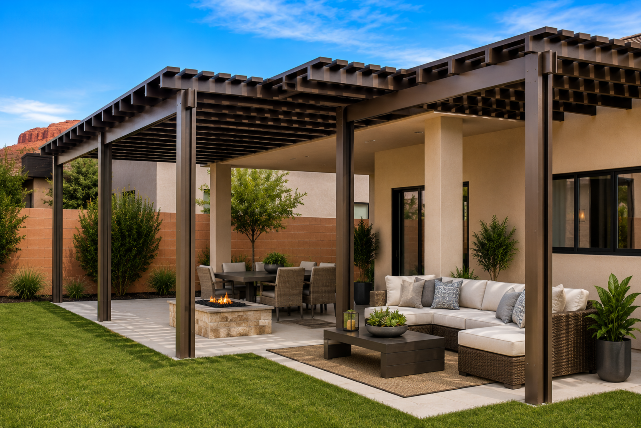 Solid and lattice awning over a Southern Utah patio