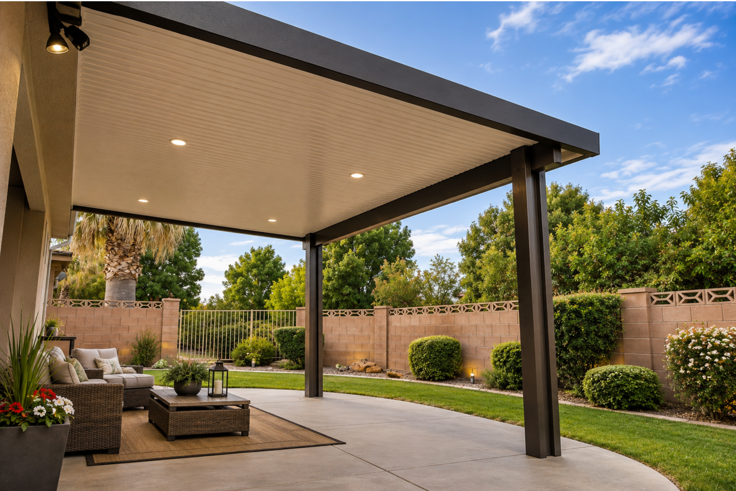 Duralum solid roof awning over a Southern Utah patio