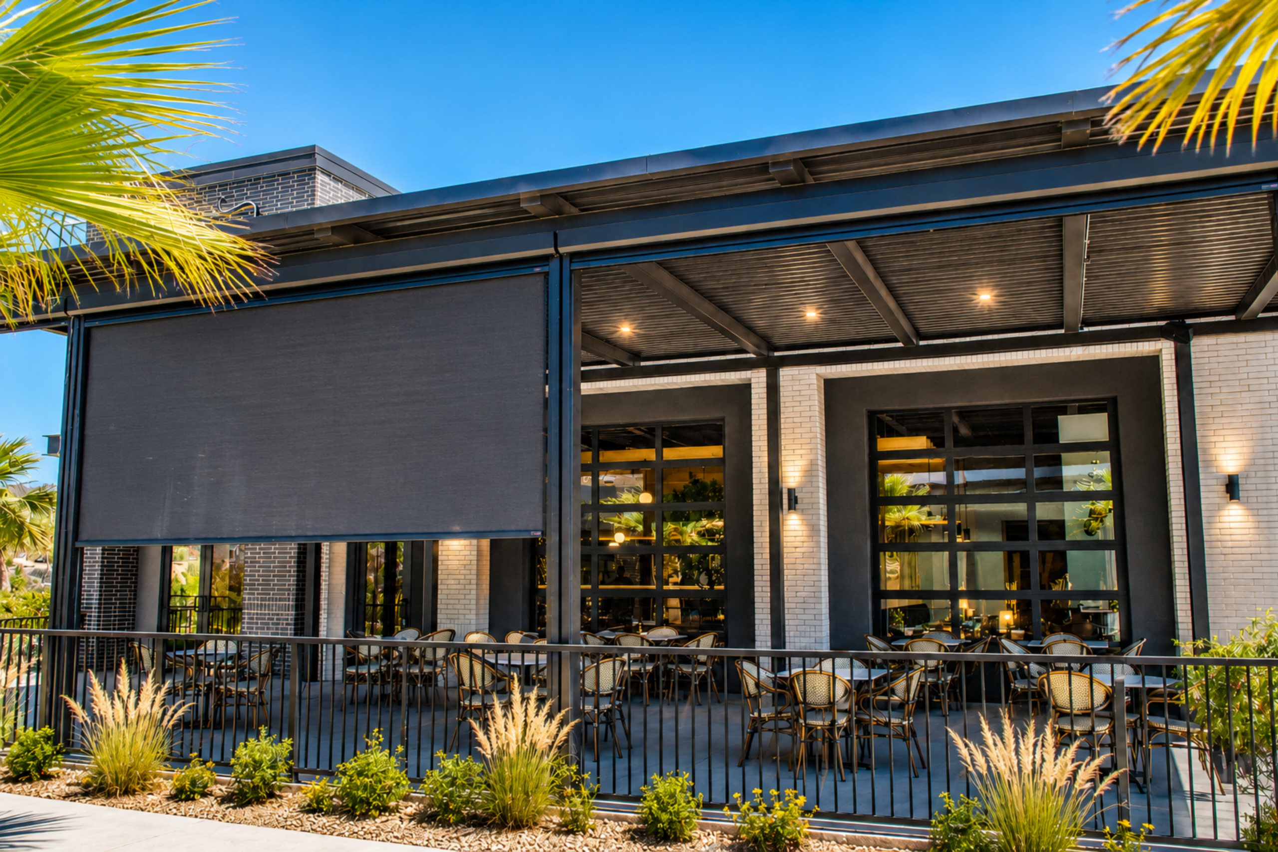 Rolling shades on a covered patio